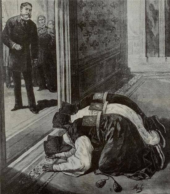 1883년 9월 18일 아서 미국 대통령을 향해 무릎을 꿇고 큰절을 올리고 있는 조선보빙사절단원들./ NEWSIS